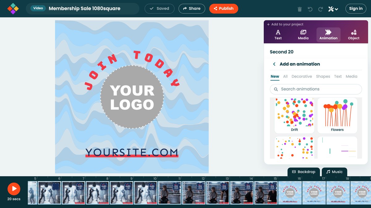 Select Animation with New, All, Decorative, Shapes, Text and Media tabs