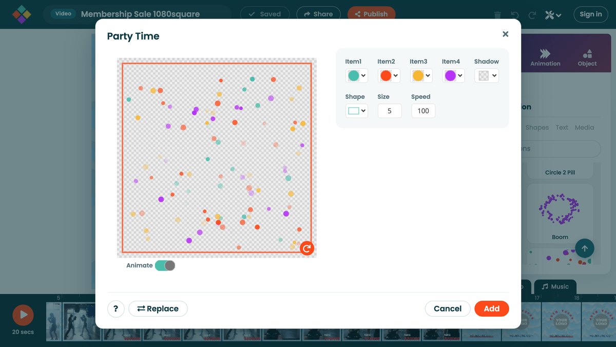 An animation's settings dialog: a live preview on the left, its colors, size and speed on the right