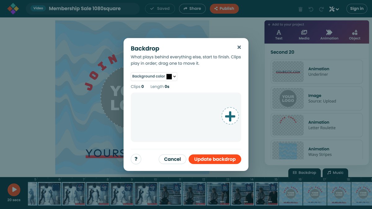 The Backdrop dialog with a background color and the tile that adds clips
