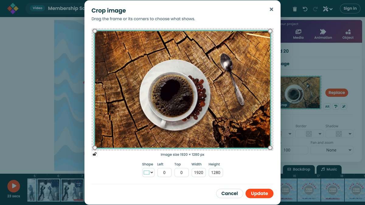 The Crop image dialog with the crop box and a shape picker