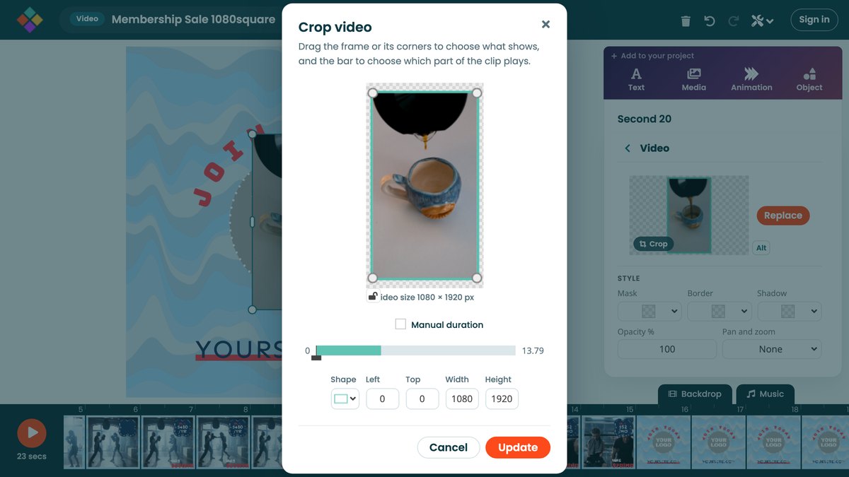 The crop dialog for a video clip, with the part of the clip that plays