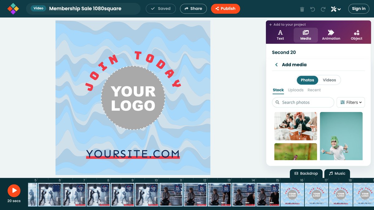 Add media in the panel on Photos, with Stock, Uploads and Recent and a row of search results