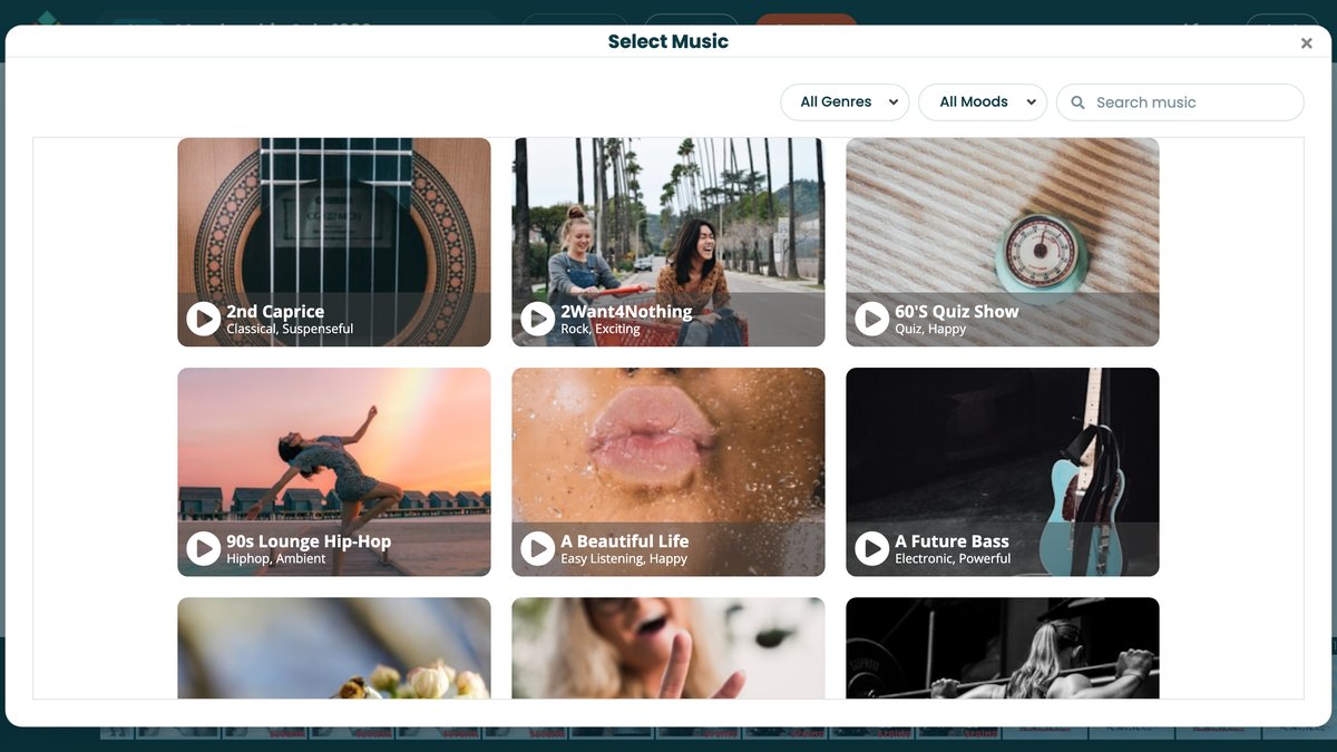 Select Music: genre and mood menus, a search box, and cards for each track