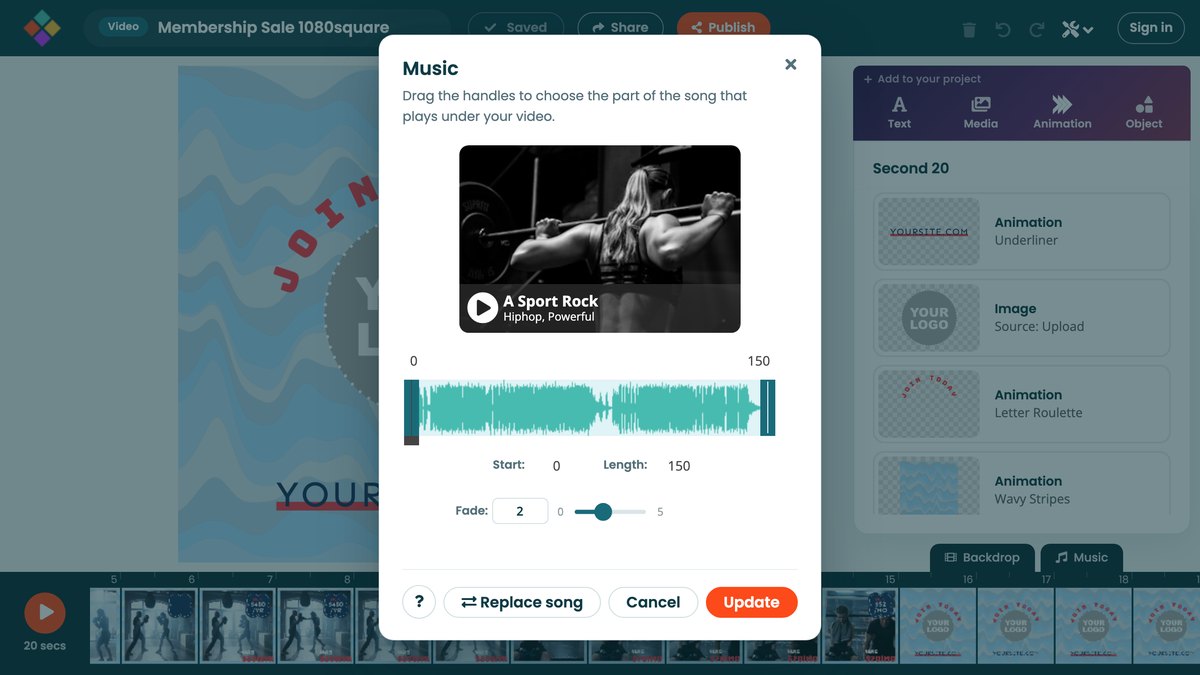 The Music dialog: the chosen track, its waveform with handles, Start, Length and Fade