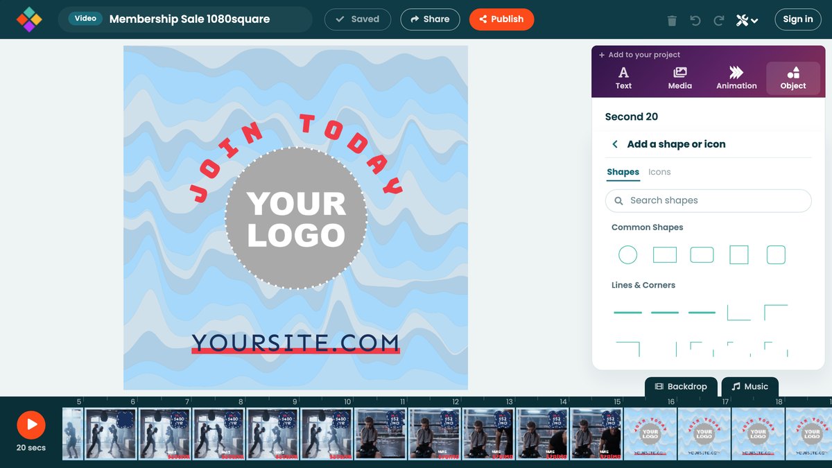 The Object picker with Shapes and Icons tabs and a grid of shapes