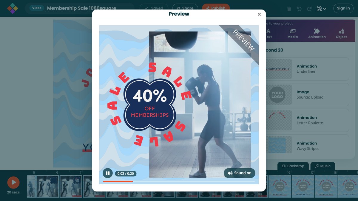 The Preview window playing a video, with its play, time, seek and sound controls