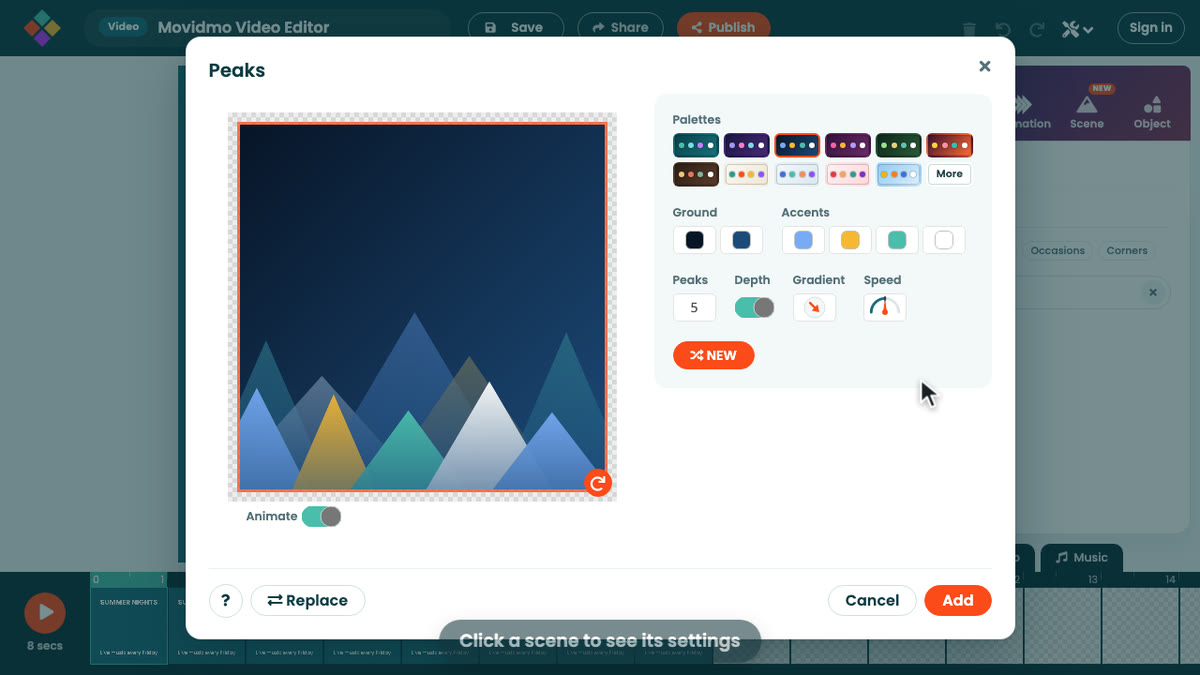 A scene's settings dialog: a live preview on the left, palettes, ground and accent colors, its own controls and Speed on the right