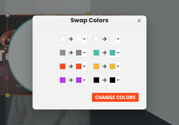 The Swap Colors dialog listing each project color and its replacement